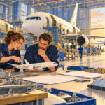 Doi specialiști discută lângă o machetă și componente într-un hangar în care sunt asamblate avioane comerciale fără marcă.