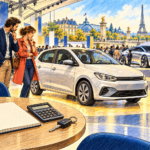 Desen editorial: un cuplu compară o mașină compactă și un concept futurist la un salon parizian, lângă o masă cu un caiet de buget, calculator și cheie auto.