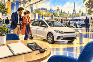 Desen editorial: un cuplu compară o mașină compactă și un concept futurist la un salon parizian, lângă o masă cu un caiet de buget, calculator și cheie auto.