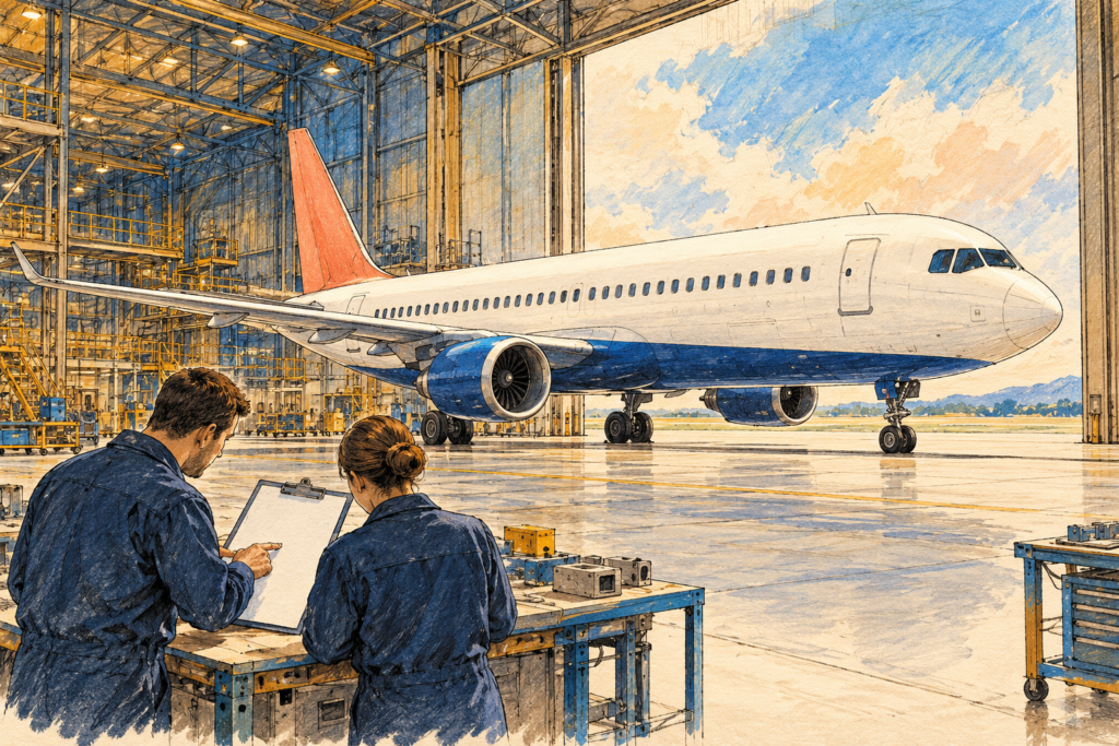 Ilustrație editorială cu un avion de pasageri la ieșirea din hangar și doi ingineri care verifică documentația.