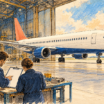 Ilustrație editorială cu un avion de pasageri la ieșirea din hangar și doi ingineri care verifică documentația.