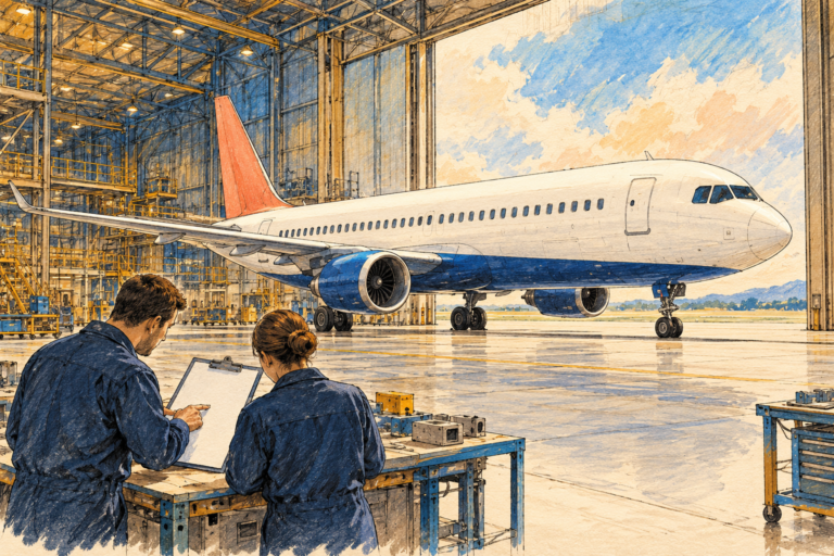 Ilustrație editorială cu un avion de pasageri la ieșirea din hangar și doi ingineri care verifică documentația.
