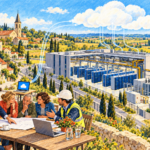 Desen editorial conceptual: centru de date cu servere și racord electric lângă un sat francez; locuitori și un inginer discută un plan, iar norii simbolizează serviciile digitale.