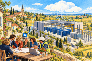 Desen editorial conceptual: centru de date cu servere și racord electric lângă un sat francez; locuitori și un inginer discută un plan, iar norii simbolizează serviciile digitale.
