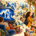 Desen editorial cu spectatori pe canapea și o librărie, unite prin pagini de carte.