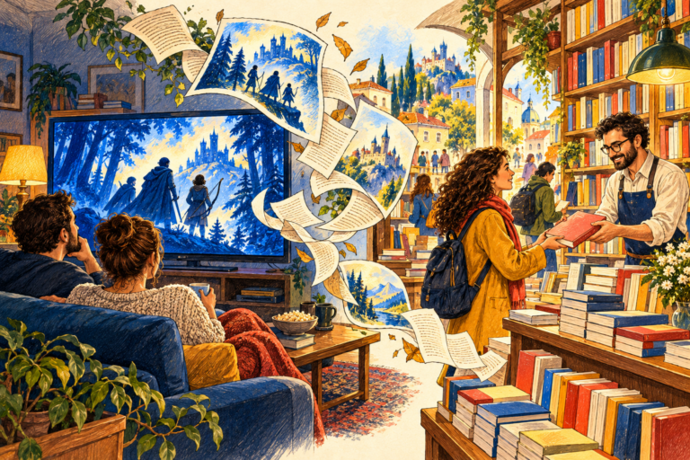 Desen editorial cu spectatori pe canapea și o librărie, unite prin pagini de carte.