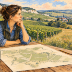 Ilustrație editorială cu o viticultoare care analizează o hartă a podgoriei, lângă rânduri de viță-de-vie și o pajiște.