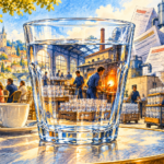 Desen editorial: un pahar intact pe o masă de cafenea, cu o fabrică de sticlă și muncitori în transparența sa, înconjurată de simboluri ale costurilor.
