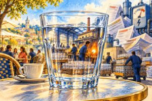 Desen editorial: un pahar intact pe o masă de cafenea, cu o fabrică de sticlă și muncitori în transparența sa, înconjurată de simboluri ale costurilor.