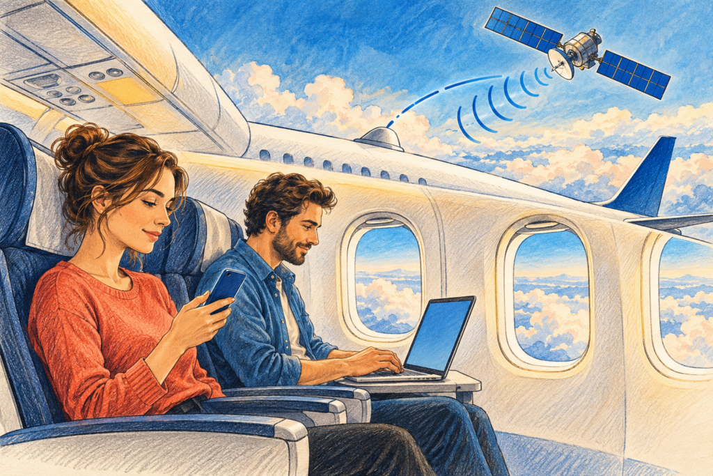 Ilustrație editorială cu doi pasageri care folosesc un telefon și un laptop în avion, conectat simbolic la un satelit.