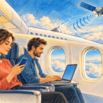 Ilustrație editorială cu doi pasageri care folosesc un telefon și un laptop în avion, conectat simbolic la un satelit.