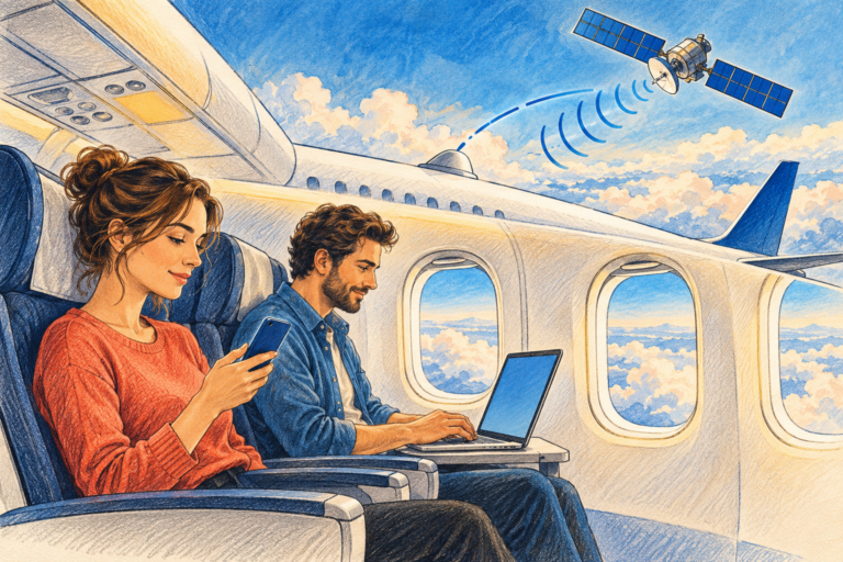 Ilustrație editorială cu doi pasageri care folosesc un telefon și un laptop în avion, conectat simbolic la un satelit.