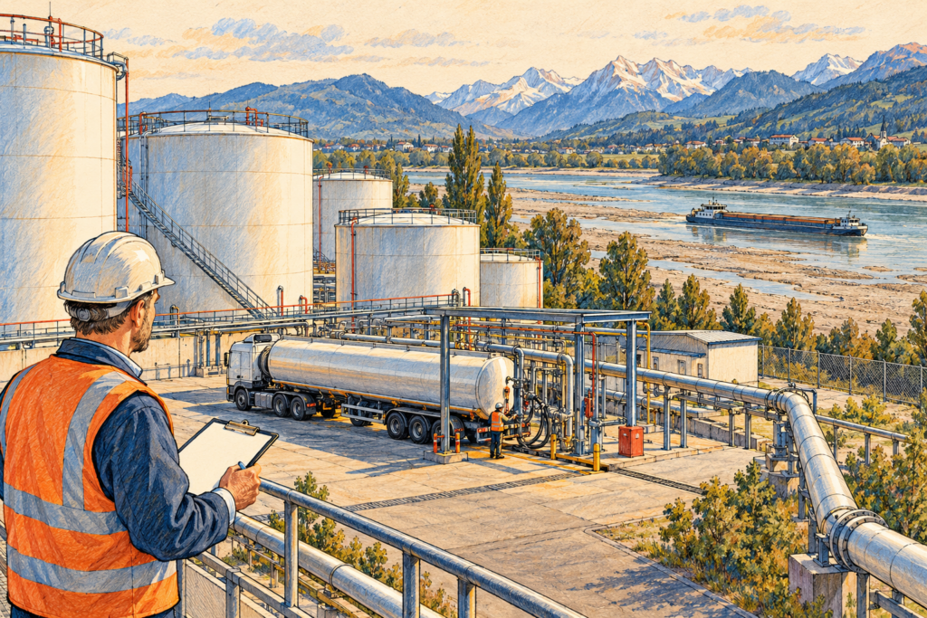 Ilustrație editorială cu rezervoare de carburant, o autocisternă și un responsabil de logistică, lângă un fluviu cu nivel scăzut.