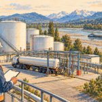 Ilustrație editorială cu rezervoare de carburant, o autocisternă și un responsabil de logistică, lângă un fluviu cu nivel scăzut.