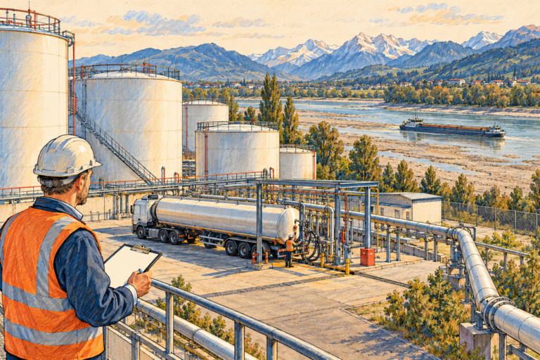 Ilustrație editorială cu rezervoare de carburant, o autocisternă și un responsabil de logistică, lângă un fluviu cu nivel scăzut.