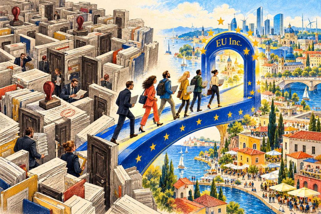 Ilustrație editorială: antreprenori traversează un pod european dintr-un labirint de dosare spre un oraș deschis.