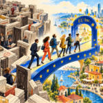 Ilustrație editorială: antreprenori traversează un pod european dintr-un labirint de dosare spre un oraș deschis.
