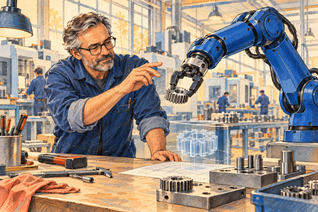 Ilustrație editorială cu un inginer care îndrumă un braț robotizat să manevreze o roată dințată într-un atelier.