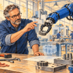 Ilustrație editorială cu un inginer care îndrumă un braț robotizat să manevreze o roată dințată într-un atelier.