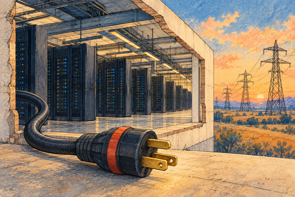 Ilustrație editorială cu un centru de date, un cablu de alimentare deconectat și stâlpi de electricitate.