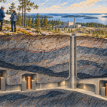 Ilustrație conceptuală în secțiune cu un depozit geologic sub o pădure finlandeză și doi ingineri la suprafață.