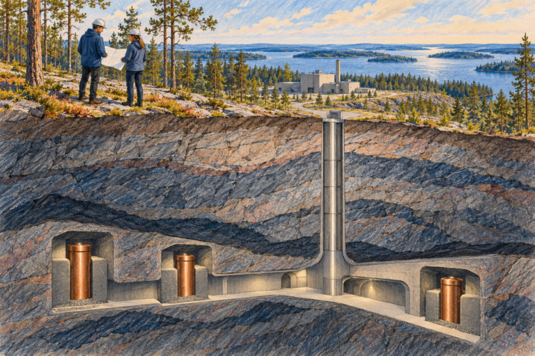 Ilustrație conceptuală în secțiune cu un depozit geologic sub o pădure finlandeză și doi ingineri la suprafață.