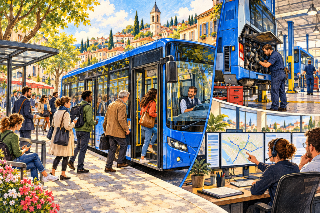 Desen editorial: călători urcă într-un autobuz într-un oraș european; un atelier și un dispecer ilustrează munca din spatele serviciului.