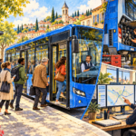 Desen editorial: călători urcă într-un autobuz într-un oraș european; un atelier și un dispecer ilustrează munca din spatele serviciului.