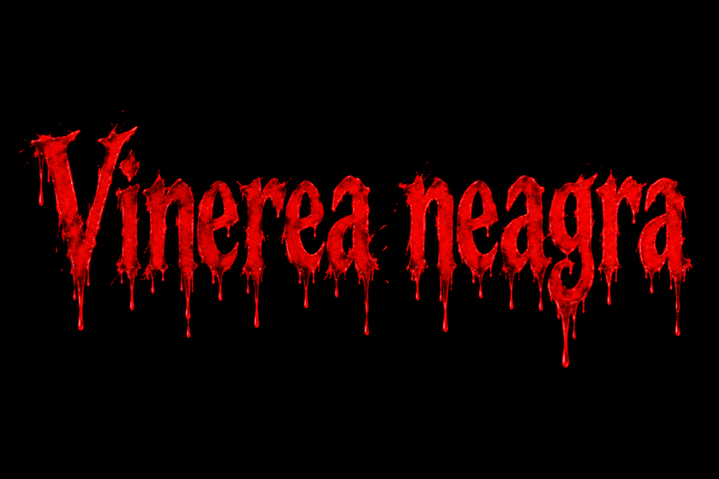Textul Vinerea neagra în litere roșii cu efect de sânge, pe fundal complet negru.